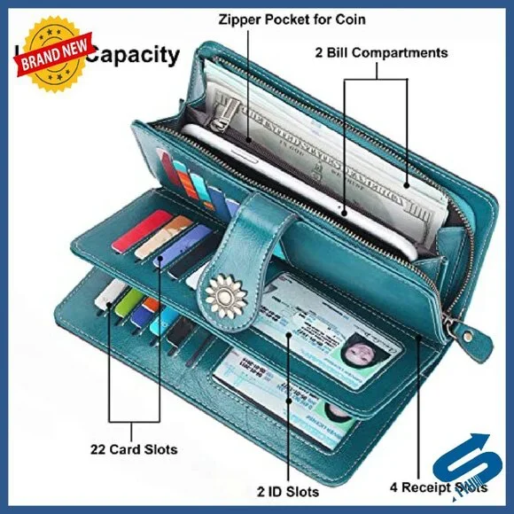 Large Capacity Genuine Leather RFID Blocking Wristlet Wallet Clutch - Picture 6 of 8